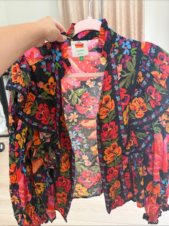 FARM Rio Jackets & Blazers - FARM Rio Black Floral Ruffle Blazer with Red, Orange & Pink Blooms